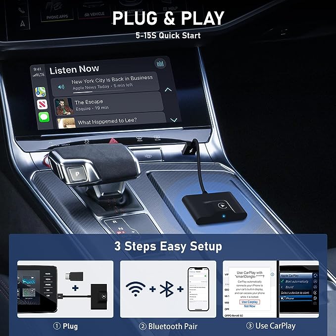 CarPlay Wireless Adapter 2023 Fast and Easy Use Fit for Cars from 2015 & iPhone iOS 10+